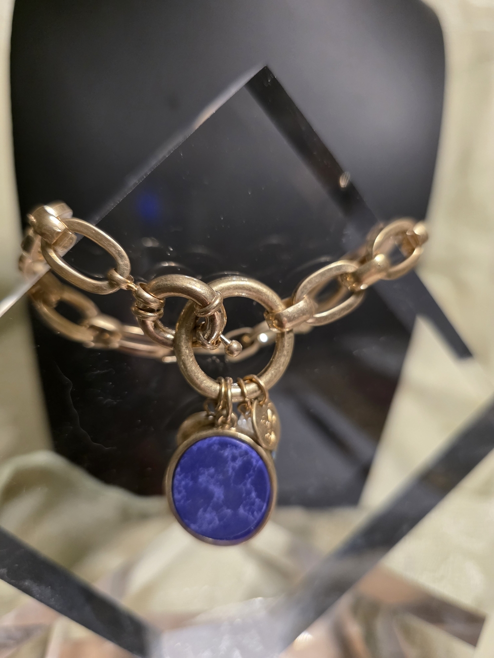 #852 Plunder Gold-Tone Link Bracelet with Royal Blue Charm